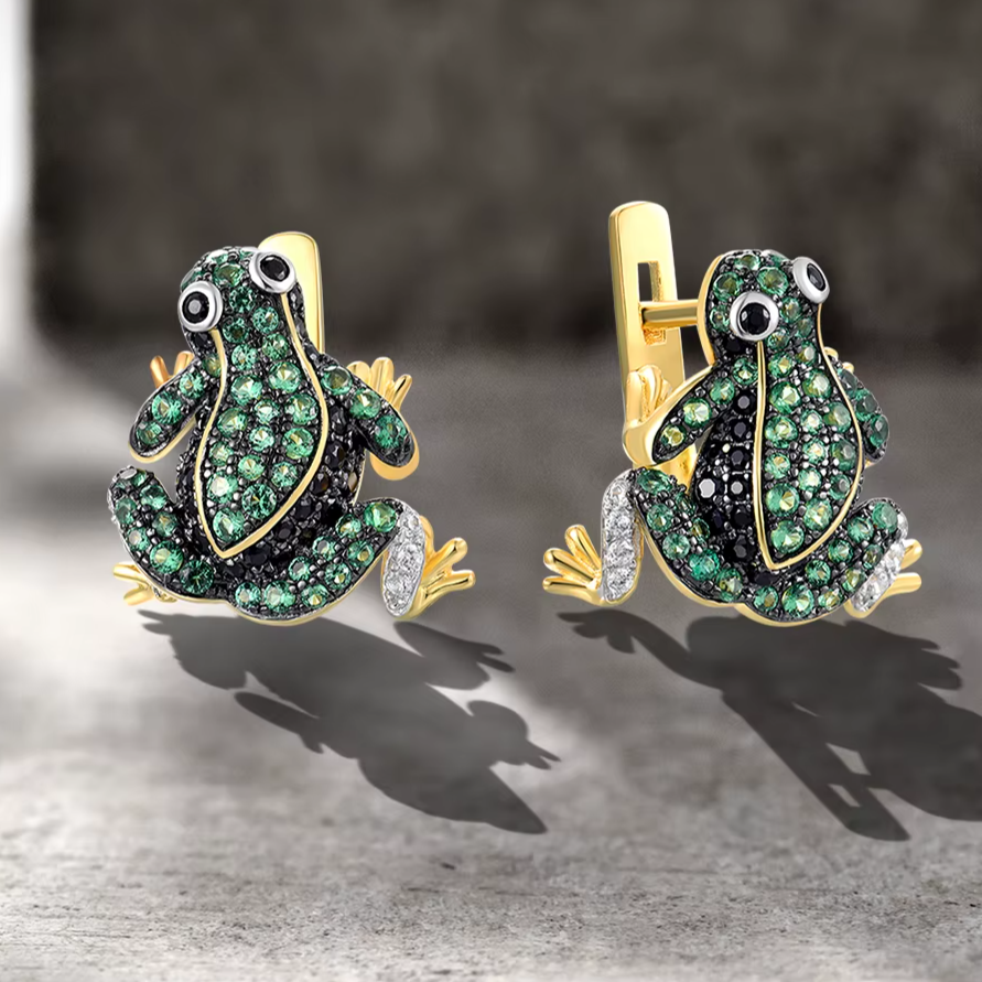 Sterling Silver Frog Earrings – Sparkling Green Black Spinel Animal Jewelry 4