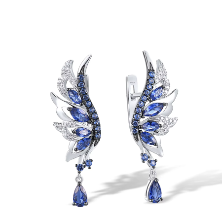 Angel Wing Drop Earrings – 925 Sterling Silver with Blue and White Cubic Zirconia