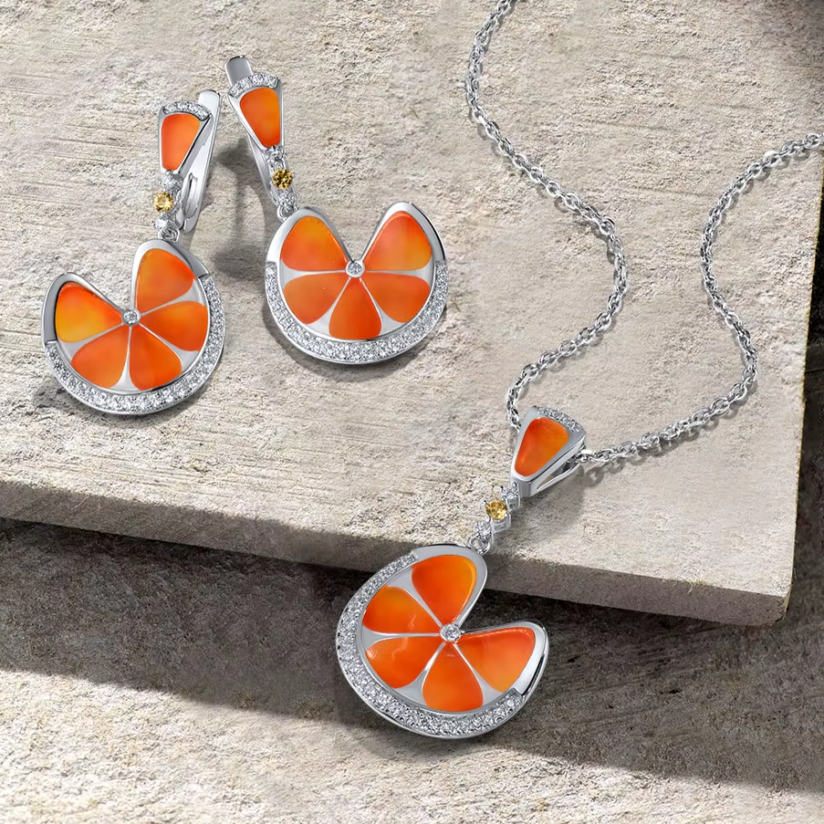 925 Sterling Silver Orange Enamel Leaf Jewelry Set 2