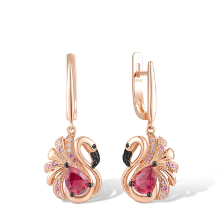 Sterling Silver Earrings for Women – Pink Flamingo Design with Sparkling Red Crystal & Created Sapphire