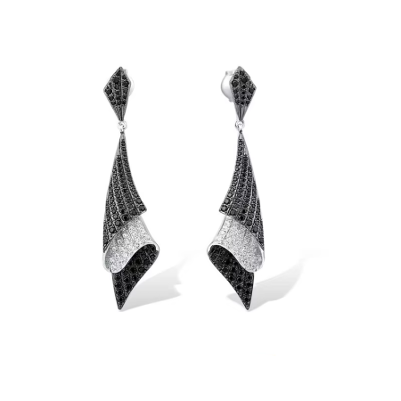 925 Sterling Silver Dangle Earrings – Folded Black Spinel & White Cubic Zirconia, Elegant Jewelry for Women