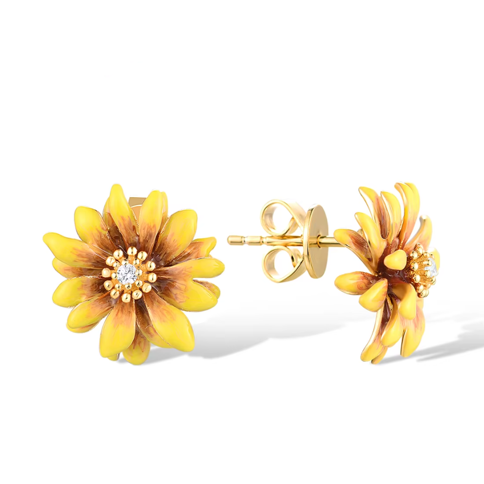 925 Sterling Silver Yellow Enamel Flower Earrings 2