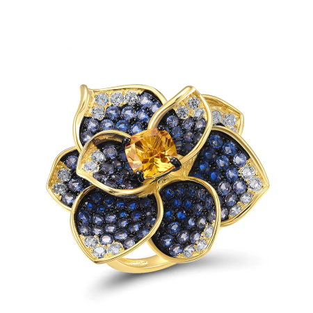 925 Sterling Silver Blooming Flower Ring with Blue Spinel and Yellow Crystal