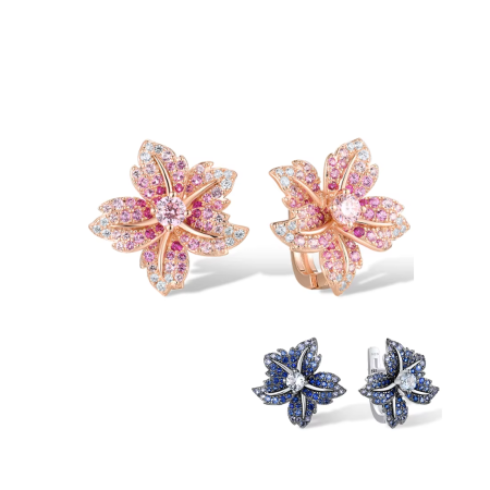 925 Sterling Silver Lily Flower Earrings – Blue & Pink Stones, Luxury Latch Back Design for Women’s Party Jewelry