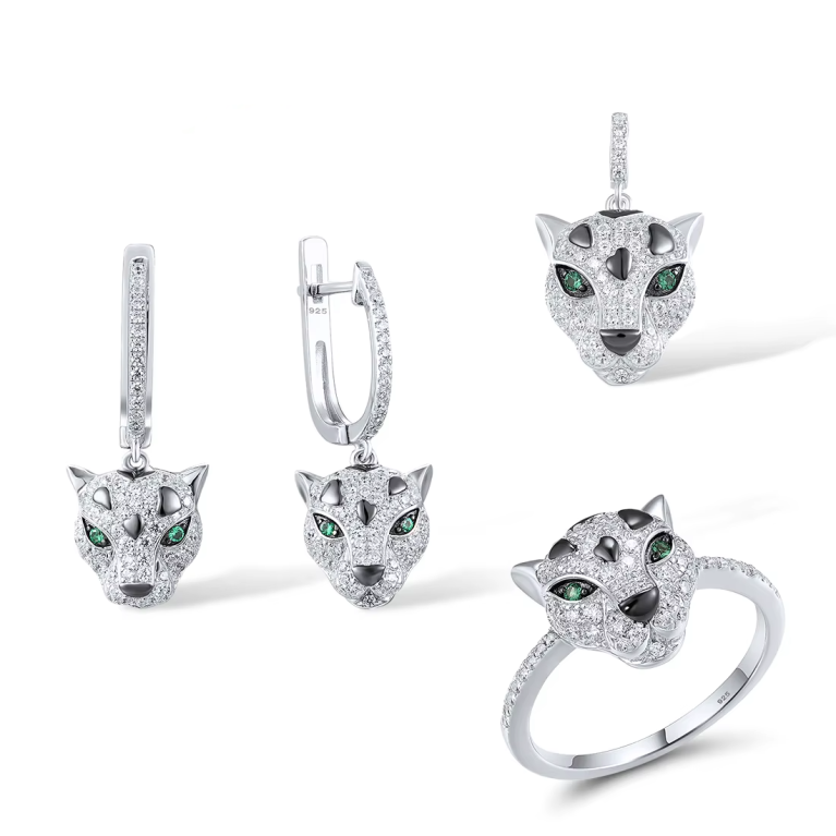 Jewelry Set for Women 925 Sterling Silver Green Spinel White CZ Leopard Pendant Earrings and Ring Set