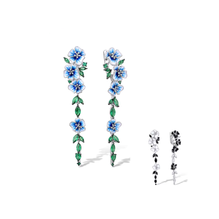 925 Sterling Silver Dangling Flower Earrings – Blue/Black Enamel