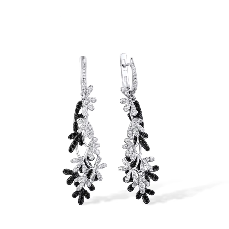 925 Sterling Silver Drop Earrings for Women with Black Spinel and White Cubic Zirconia, Winter Flowers Trendy Fine Jewelry