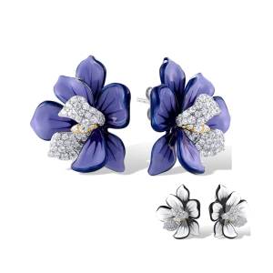 Sterling Silver Stud Earrings for Women with Sparkling Purple and White Enamel Flowers – Elegant Wedding and Party Fine Jewelry