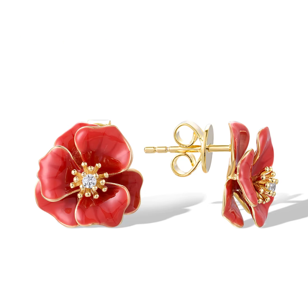 925 Sterling Silver Red Enamel Blossom Flower Earrings 2