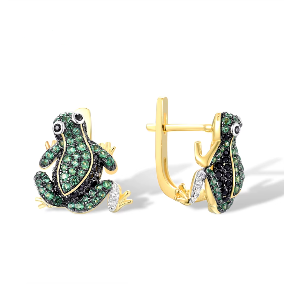 Sterling Silver Frog Earrings – Sparkling Green Black Spinel Animal Jewelry 2