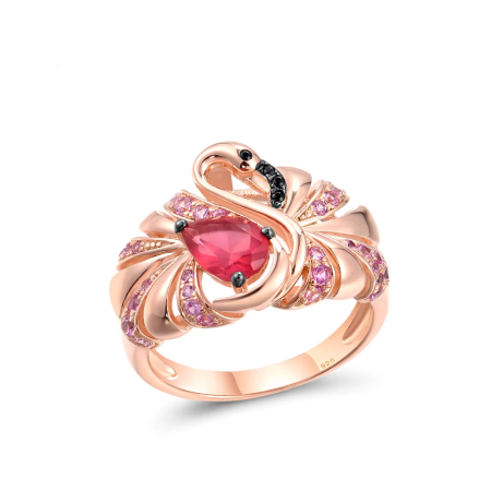 925 Sterling Silver Flamingo Ring – Rose Gold Plated with Red Stones and Black Spinel, Unique Women’s Fashion Jewelry