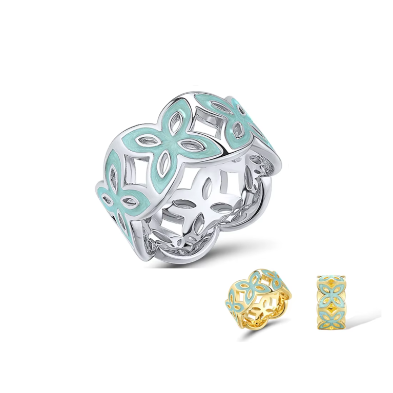 Elegant Floral Ring for Women – 925 Sterling Silver with Blue Enamel Hollow Design