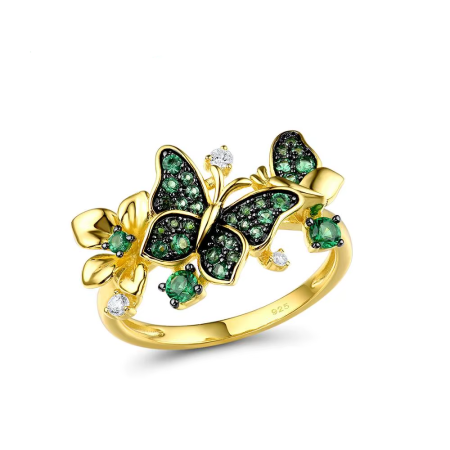 925 Sterling Silver Butterfly Ring for Women in Gold Color with Green Spinel