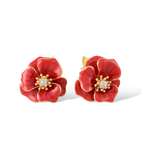 925 Sterling Silver Red Enamel Blossom Flower Earrings