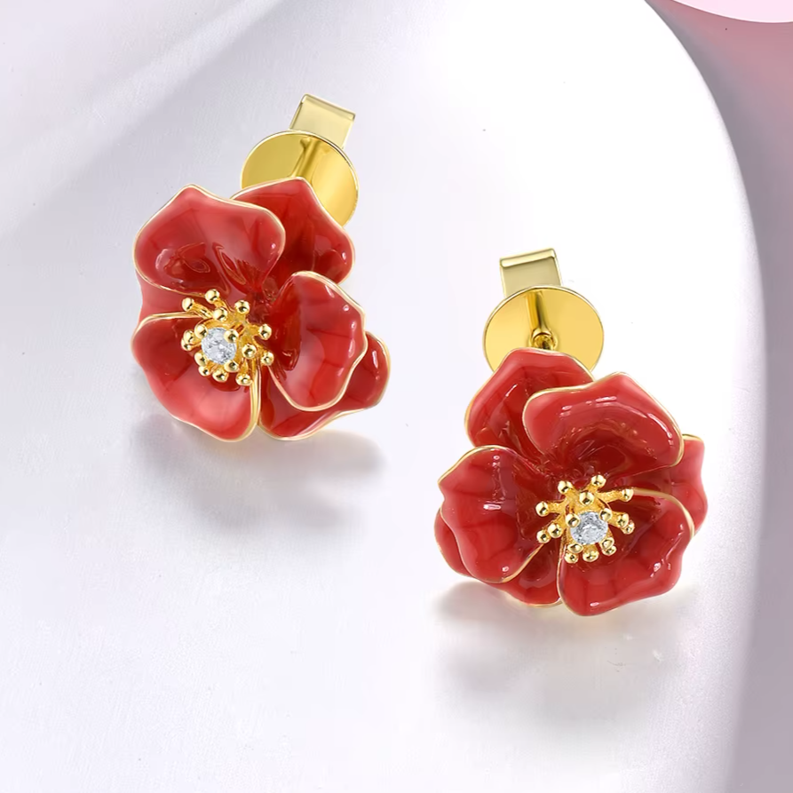 925 Sterling Silver Red Enamel Blossom Flower Earrings 3