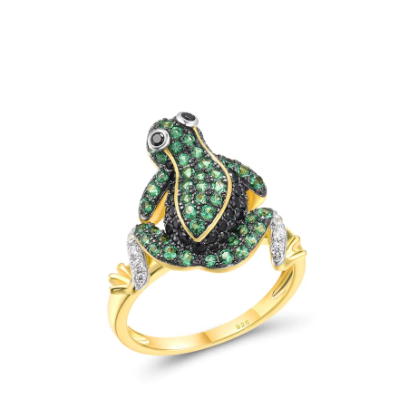 925 Sterling Silver Frog Ring with Green and Black Spinel – Playful Animal-Inspired Jewelry for Women