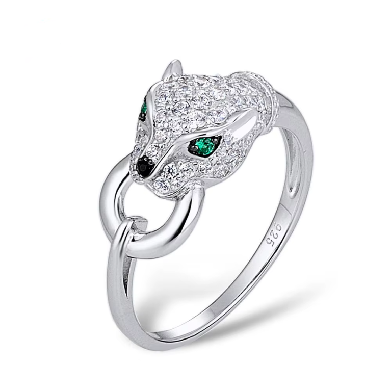 925 Sterling Silver Leopard Panther Ring - Green Spinel and White CZ Jewelry for Women - Trendy Party Ring