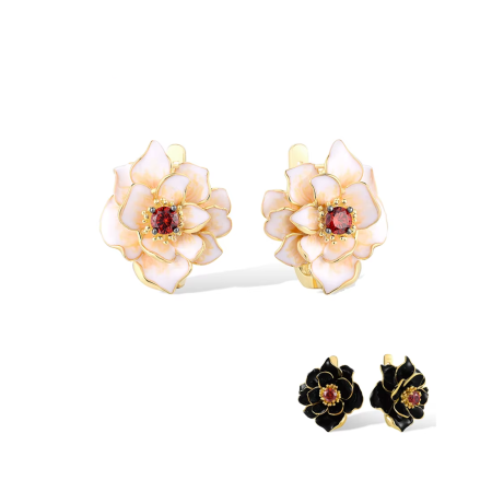 Elegant 925 Sterling Silver Flower Earrings – Handmade Enamel Garnet Jewelry for Women, Wedding & Party