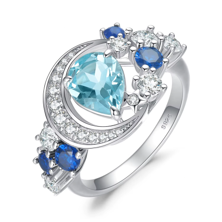 Moon & Star Sky Blue Topaz Ring – 6.8ct Pear Cut Sapphire 925 Sterling Silver Statement Jewelry for Women