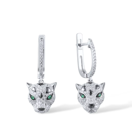 925 Sterling Silver Leopard Dangling Earrings – Green Spinel & White CZ Animal Jewelry for Women, Chic and Elegant Design