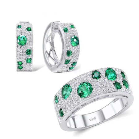 Jewelry Set for Women 100% Authentic 925 Sterling Silver Green CZ Ring and Earrings