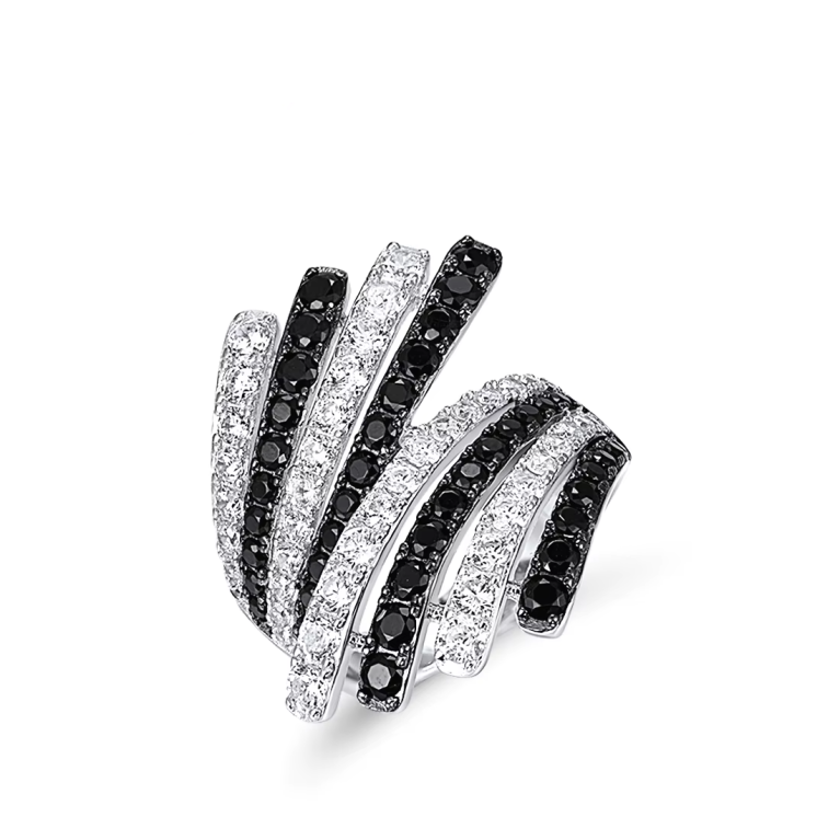 925 Sterling Silver Feather Ring – Black Spinel and White CZ Glamorous Design