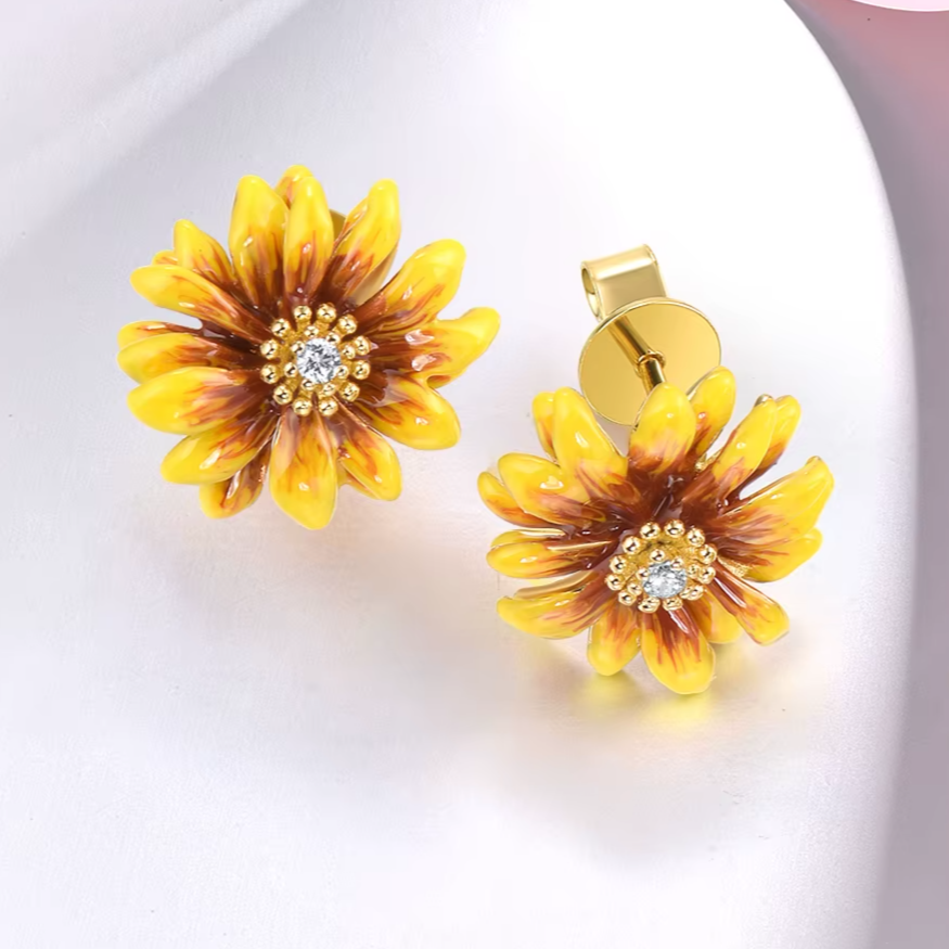 925 Sterling Silver Yellow Enamel Flower Earrings 3