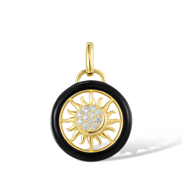 925 Sterling Silver Sun Pendant with Sparkling White CZ and Black Enamel