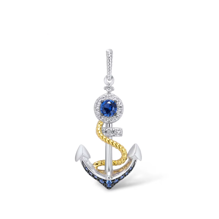 925 Sterling Silver Anchor Pendant for Women – White & Blue Nano Cubic Zirconia, Nautical Gold Accent, Fine Jewelry