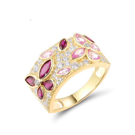 925 Sterling Silver Wide Band Ring – Pink Sapphire & Ruby Flower Design, Elegant Jewelry for Women