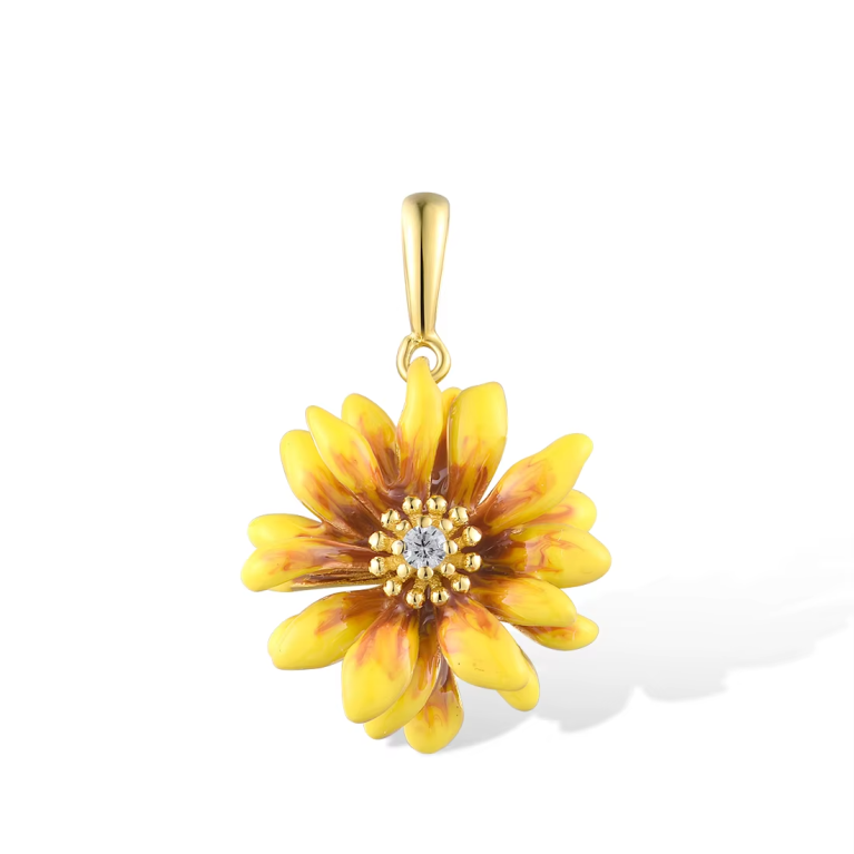 Elegant 925 Sterling Silver Yellow Flower Pendant with Enamel & White CZ – Perfect Wedding & Party Jewelry