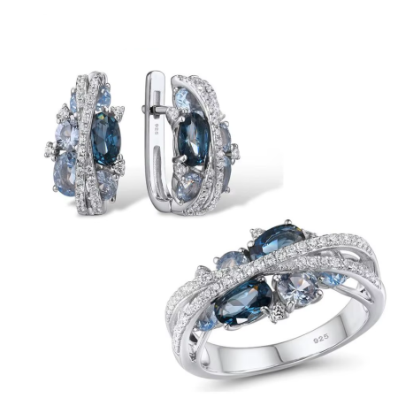 Genuine 925 Sterling Silver Jewelry Set – Blue Spinel Earrings & Ring for Women’s Luxury Fashion & Special Occasions