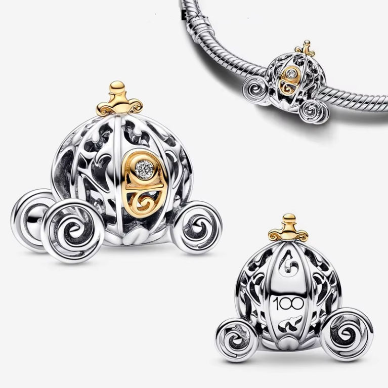 Cinderella's Enchanted Carriage Charm – Disney 100th Anniversary 925 Sterling Silver Bead with Lab-Grown Diamond for Pandora Bracelets