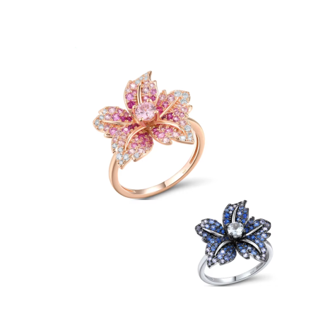 925 Sterling Silver Lily Flower Ring – Blue and Pink Stones with White CZ