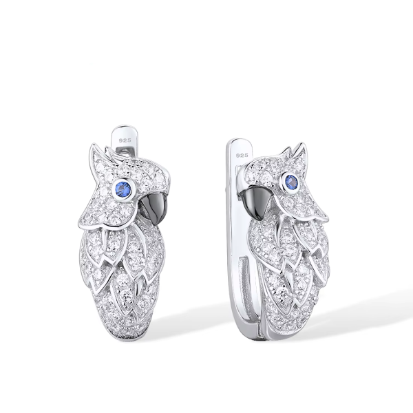 Sterling Silver Parrot Earrings – Sparkling Blue and White CZ Animal-Inspired Fine Jewelry