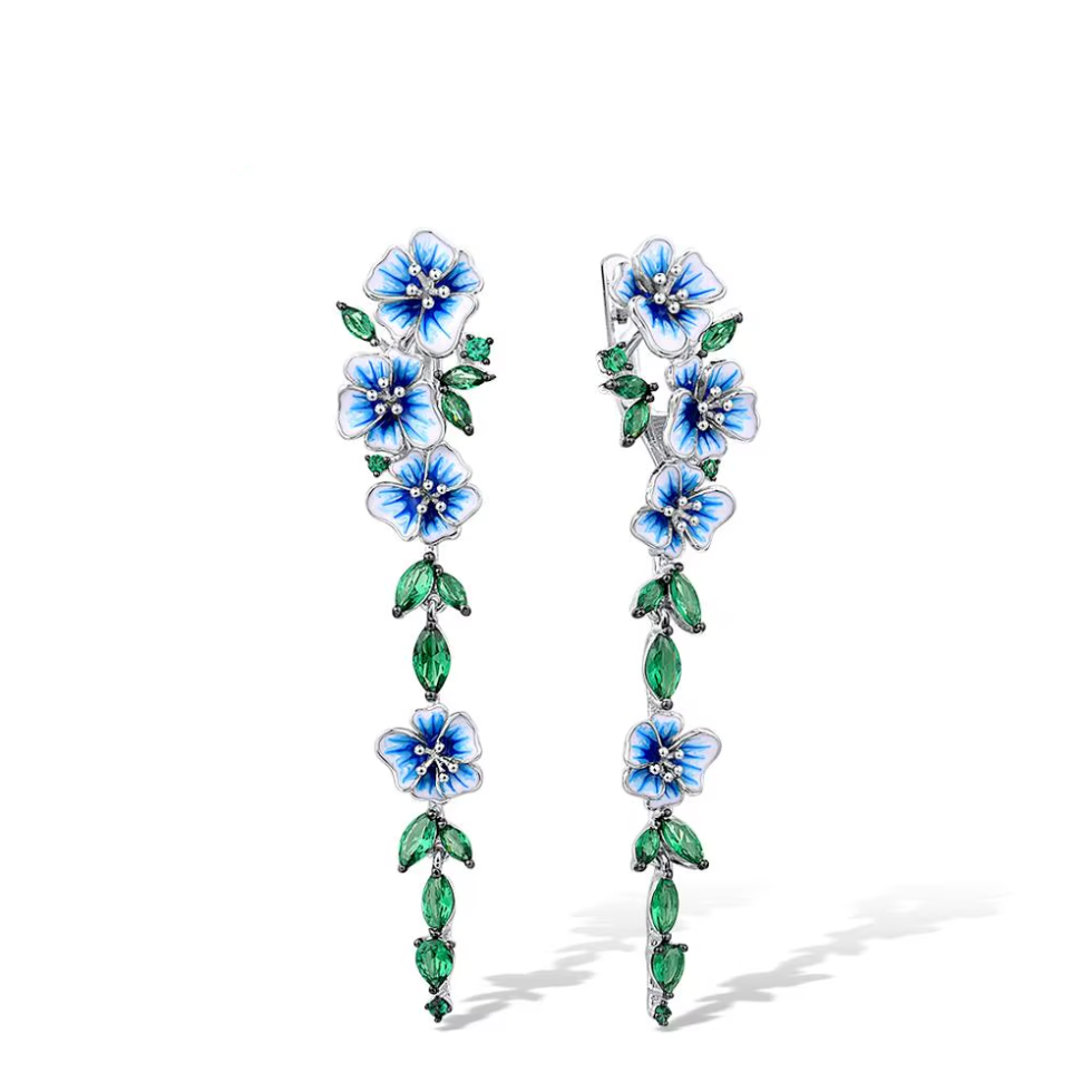 925 Sterling Silver Dangling Flower Earrings – Blue/Black Enamel 2