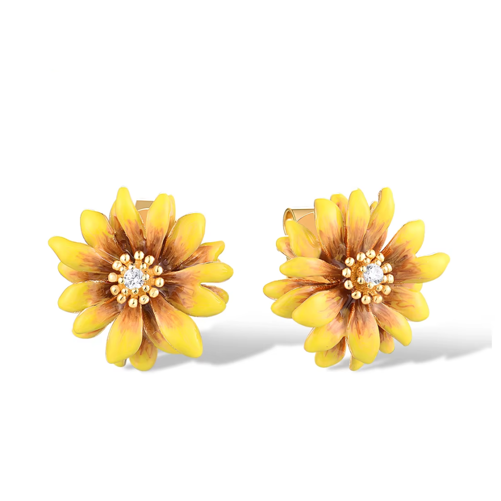 925 Sterling Silver Yellow Enamel Flower Earrings