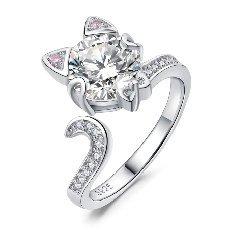 Adjustable 925 Sterling Silver Cat Ring – 3ct Round Gemstone Statement Jewelry for Women, Cute and Elegant Design