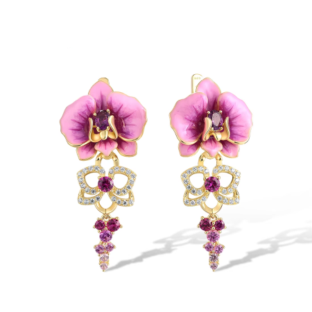 Elegant Orchid Earrings – 925 Sterling Silver with Pink Sapphire & Enamel Flower Design