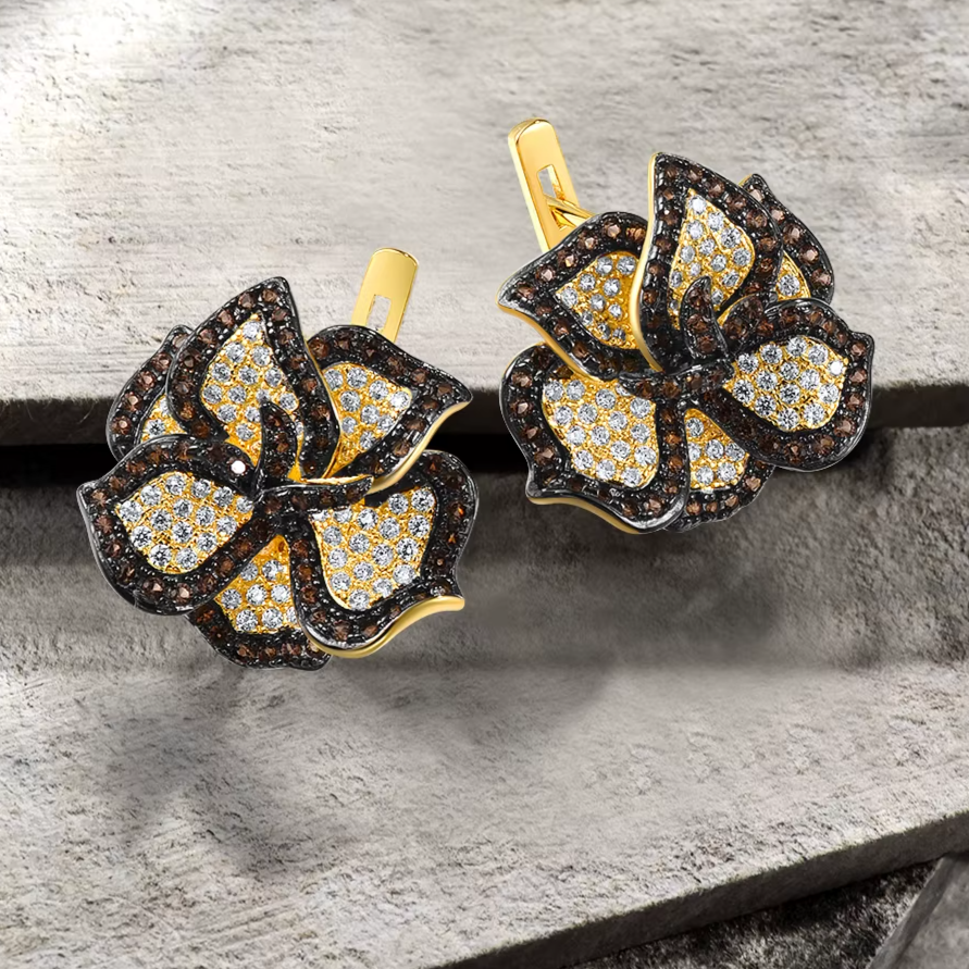 925 Sterling Silver Flower Earrings – Brown Spinel and White CZ 3