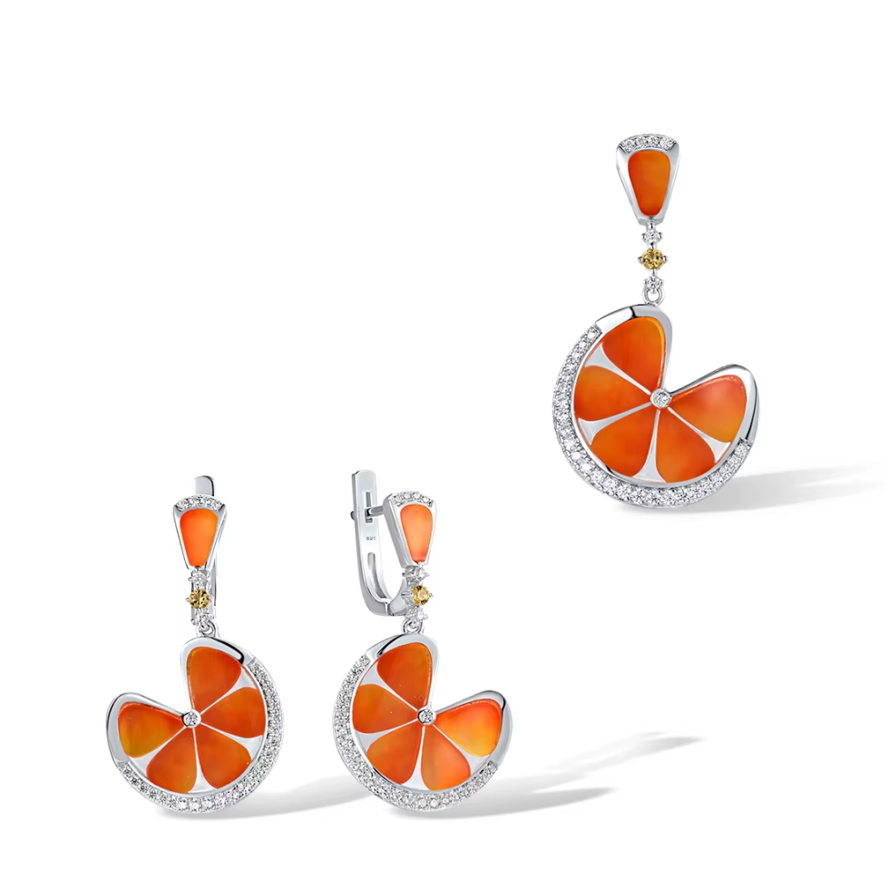 925 Sterling Silver Orange Enamel Leaf Jewelry Set