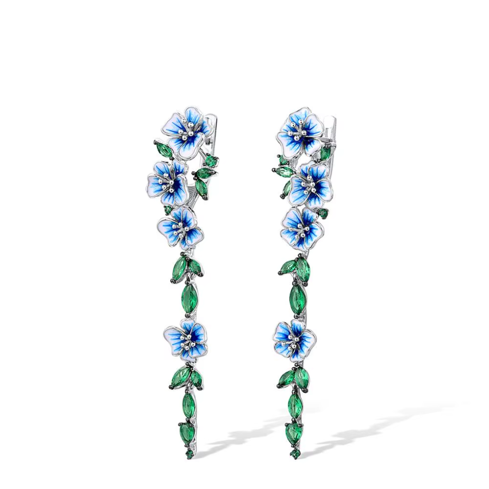 925 Sterling Silver Dangling Flower Earrings – Blue/Black Enamel 3