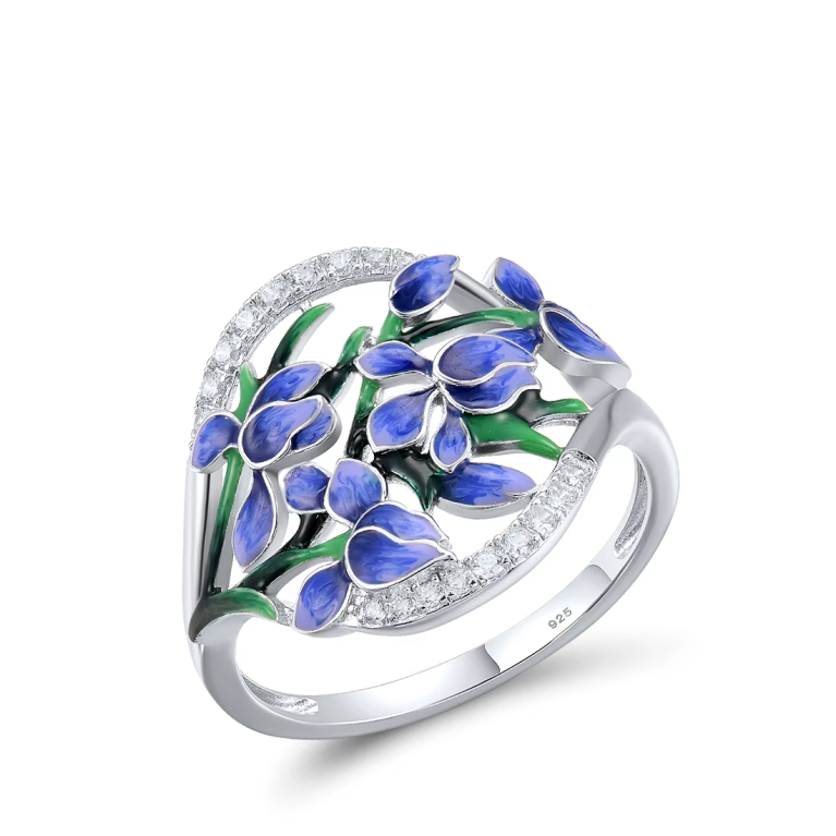 925 Sterling Silver Blue Orchid Flower Ring - Enamel and White CZ Jewelry for Women - Elegant Trendy Gift