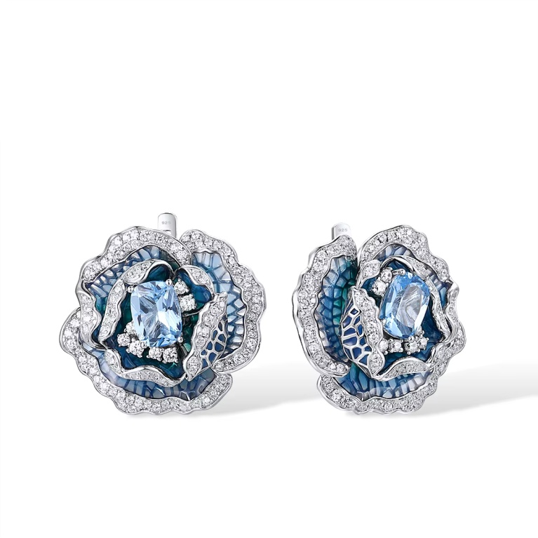 Elegant Blooming Flower Earrings – 925 Sterling Silver with Blue Spinel and White CZ