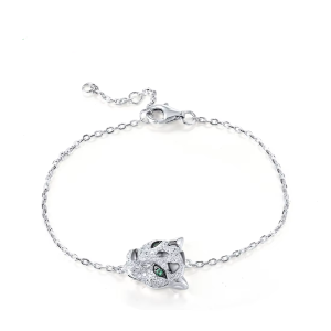 Sterling Silver Bracelet for Women – Leopard Panther Design with Green Spinel & White Zirconia, Adjustable Fine Jewelry