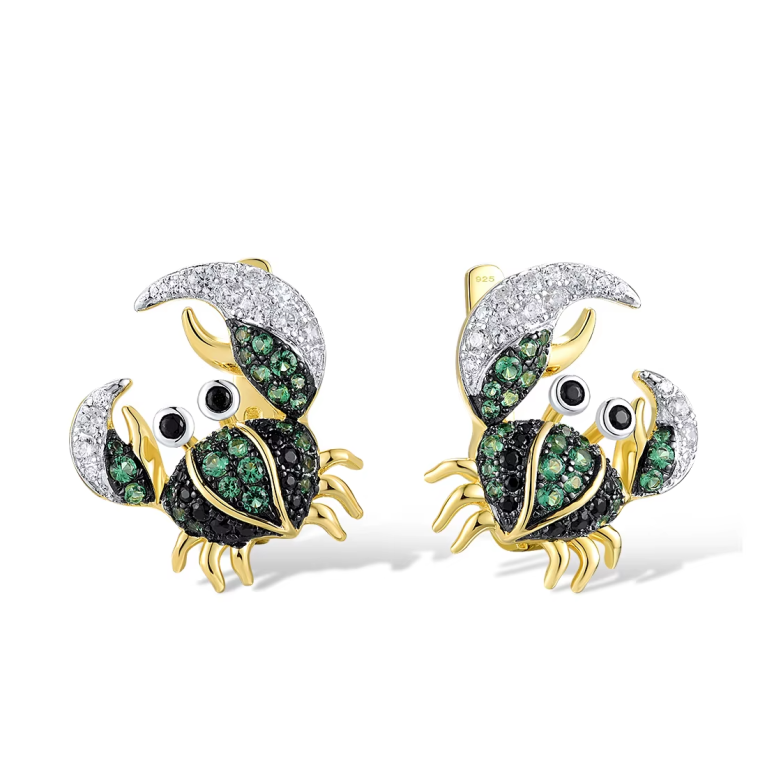 925 Sterling Silver Cute Crab Earrings with Green and Black Spinel – Sparkling Animal-Inspired Jewelry for Women